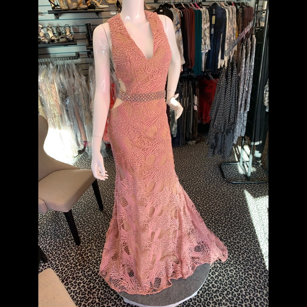 Terani couture blush lace belted gown